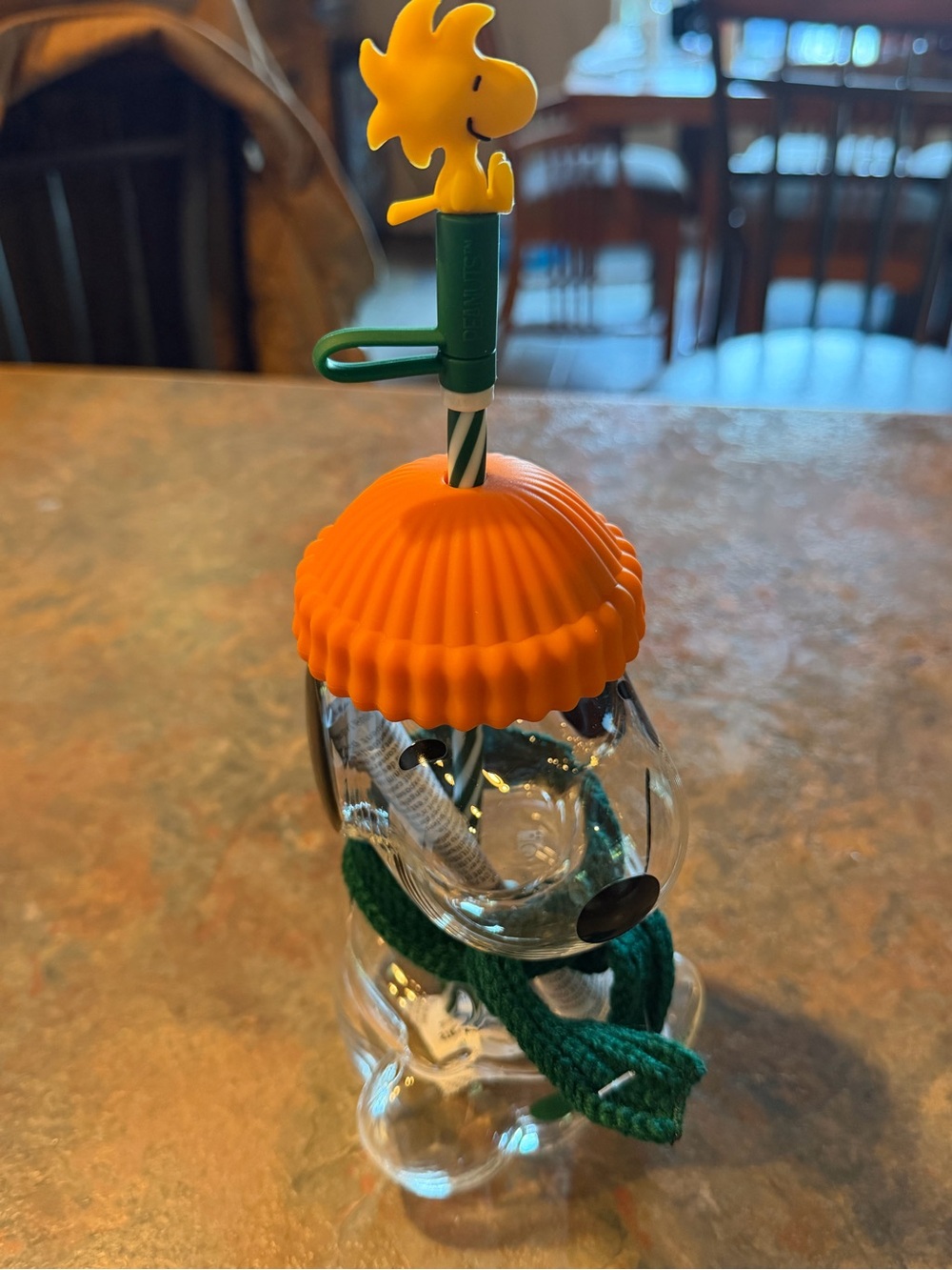 Starbucks Peanuts Snoopy glass cup with topper